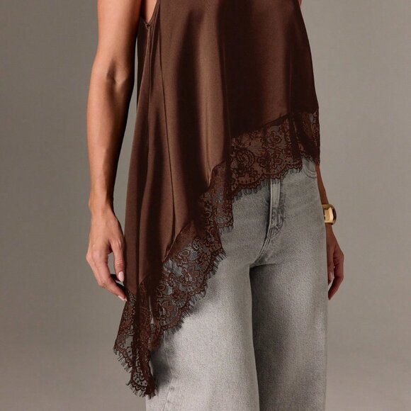 Brown elegant Women's Sleeveless High Neck Lace Trim Asymmetric Satin Top - Picture 5 of 5